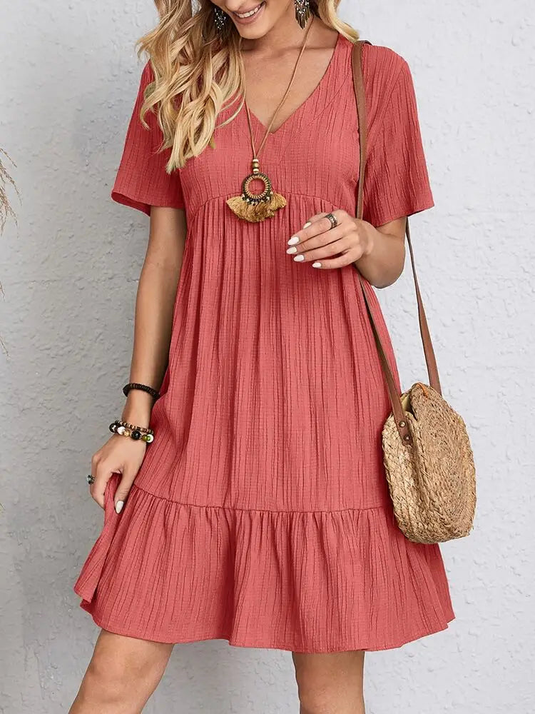 Elegante solido scollo A V A Line Dress 2024 nuova estate Ruffles allentato Mini abito Casual manica corta Beach Party Vestidos Streetwear