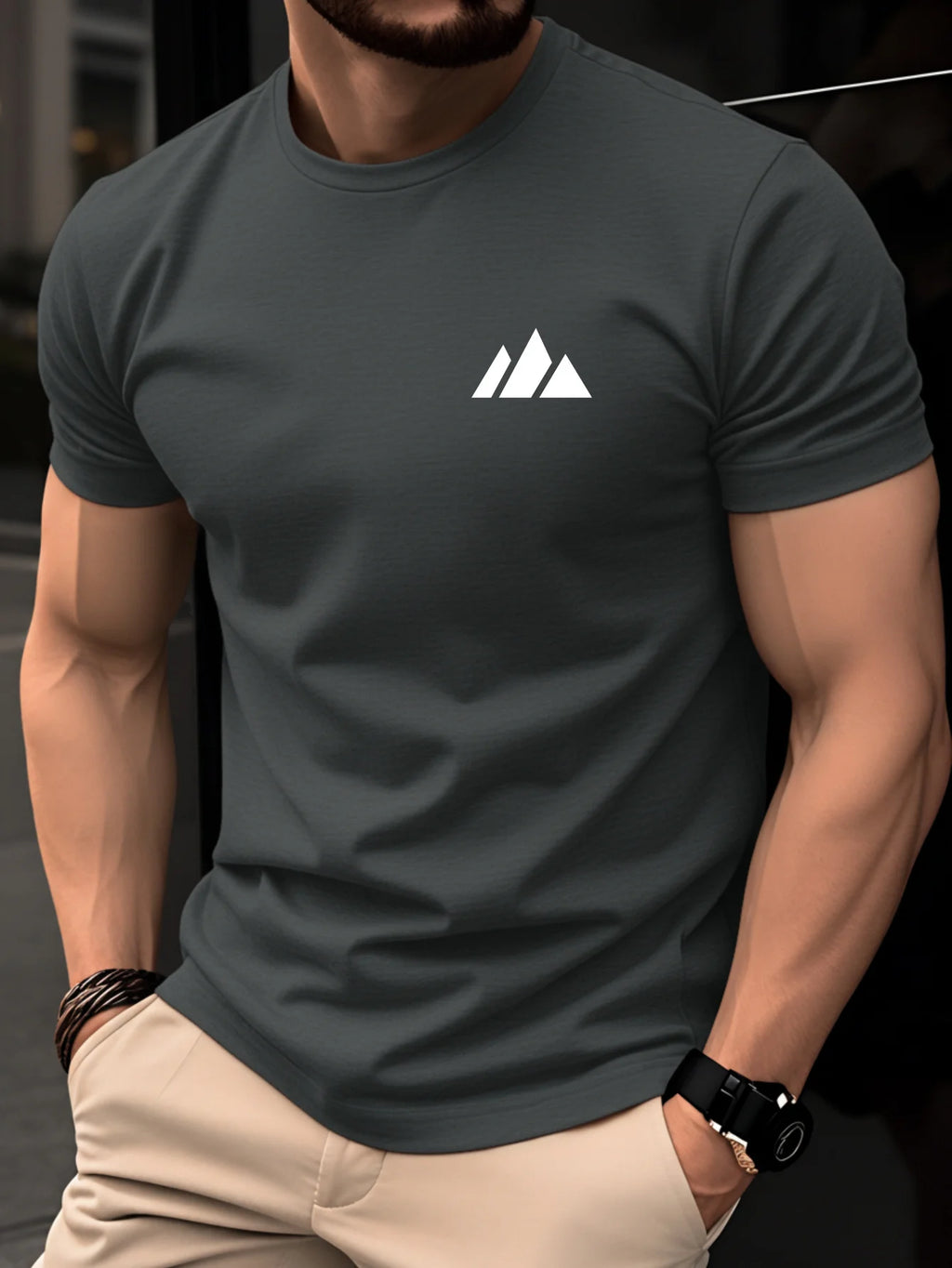 T-shirt da uomo in cotone 100% alla moda, casual, traspirante, semplice, con motivo geometrico a triangoli, estivo, a maniche corte, girocollo