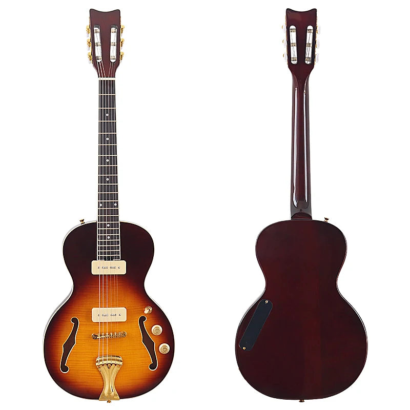 Chitarra elettrica classica a 6 corde con testa in acero fiammato da 39 pollici, design con foro a F, chitarra lucida