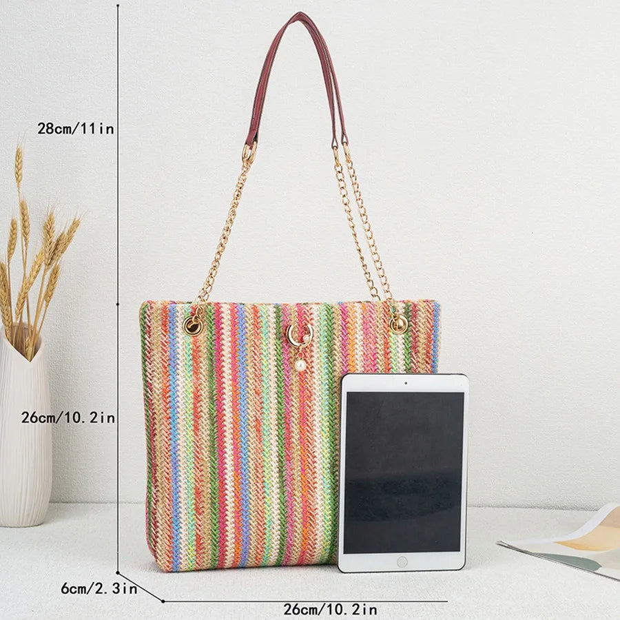 Borsa da Spiaggia in Paglia Intrecciata per Donna, Grande Borsa a Tracolla con Catena, Design da Viaggio con Chiusura a Patta