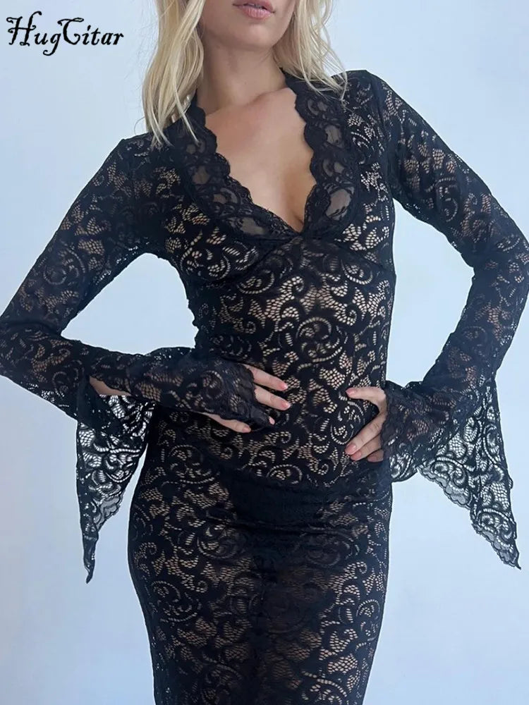 Hugcitar Maglia con stampa floreale Scollo a V Manica lunga svasata Abito lungo trasparente sexy Primavera Abiti moda donna Vacanza al mare Club