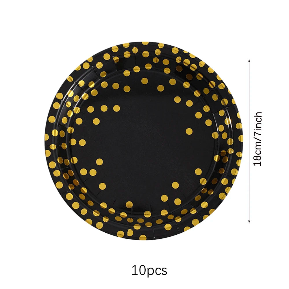 Set di stoviglie usa e getta per compleanno in oro nero, piatti di carta, tazze, tovaglioli, tovaglie, decorazione per feste di buon compleanno per adulti, matrimonio