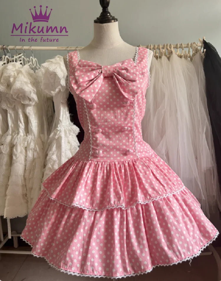 Mikumn giapponese Kawaii Lolita stile cinturino abito Harajuku dolce fiocco rosa stampa a pois mini abito donna ragazza Y2k mini abito da festa
