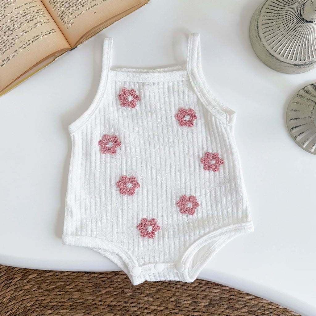 Tutina estiva per bambini con fiori rosa, traspirante, comoda, con bretelle, abbigliamento casual da spiaggia, adatto per 0-3 anni