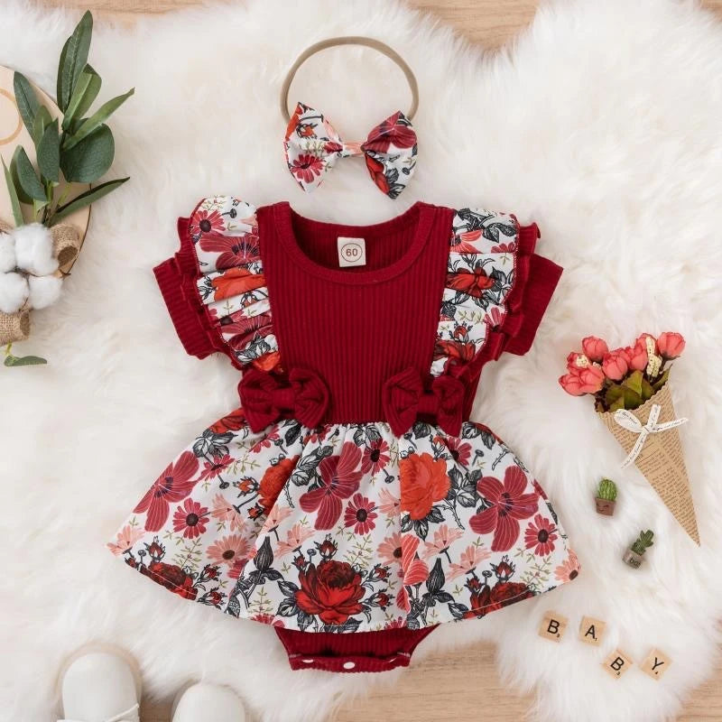 Abito per bambini per 0-18 mesi Manica con volant in cotone Farfalla carina Floreale Abiti da principessa estivi Abiti da neonata