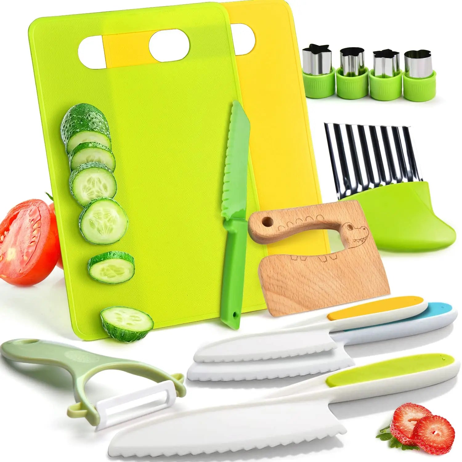 Set di Utensili da Cucina Montessori 11/17 Pezzi, Giocattoli per Cuocere, Coltelli Sicuri per Bambini con Tagliere, Accessori da Cucina Reali per Bambini