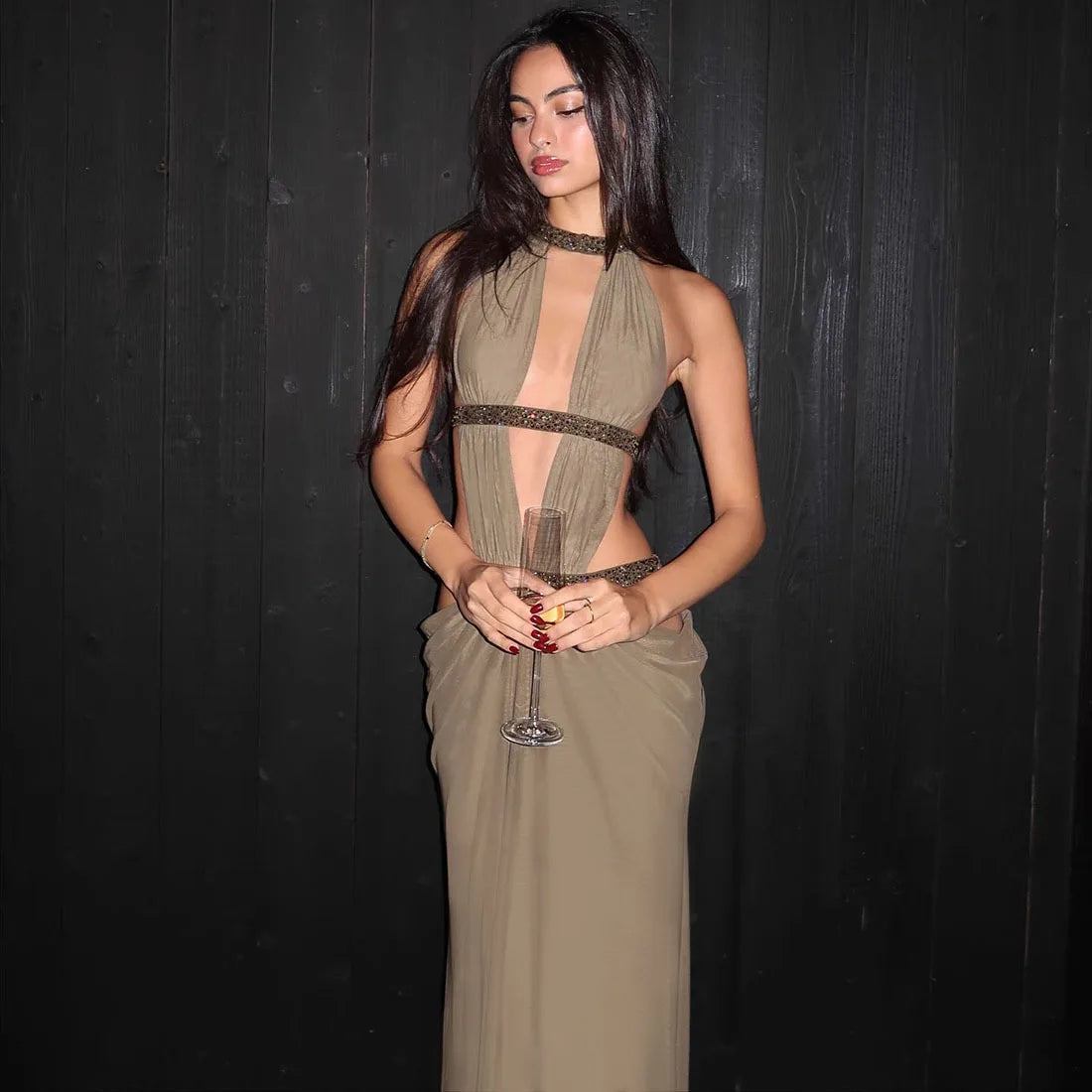 Abito lungo da donna sexy Halter scava fuori senza schienale senza maniche increspato abiti lunghi da sera Party Chic Robe verde viola estivo