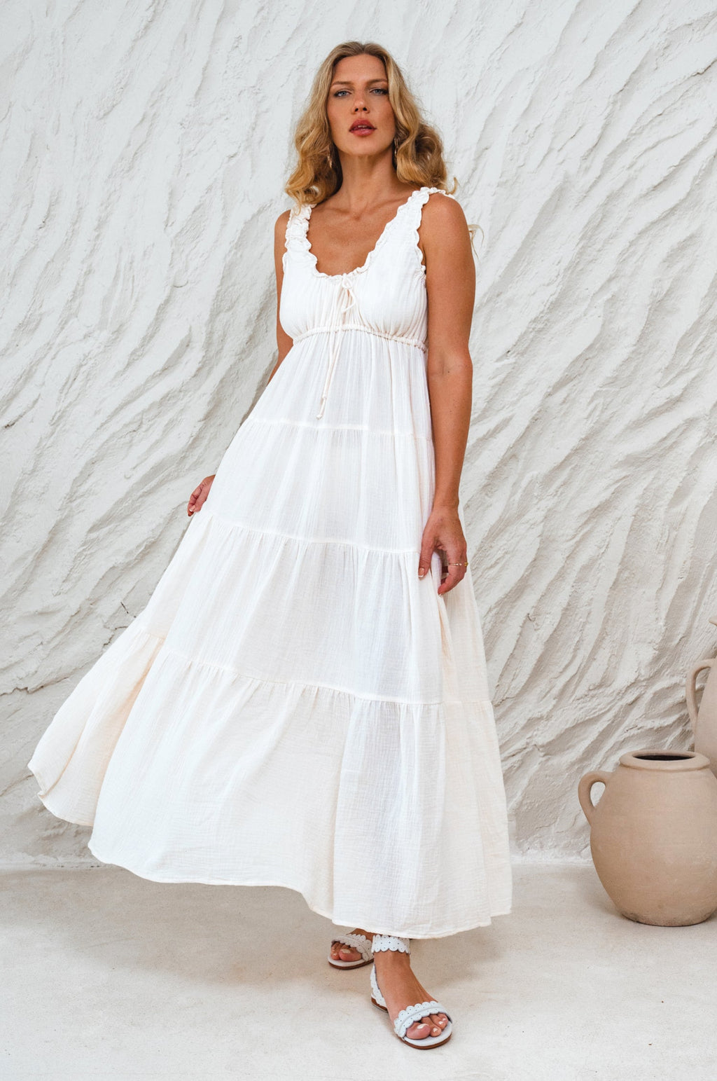 Abito Maxi In Cotone Soft Love Pastello Con Rouches Sul Collo