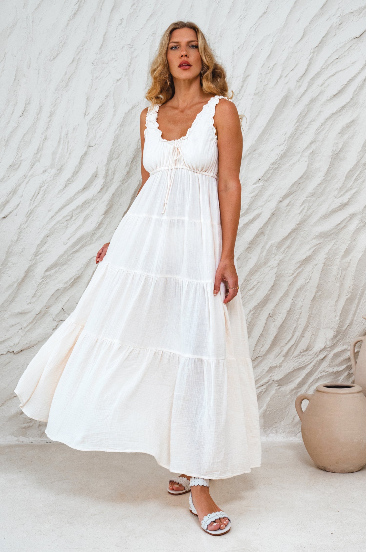 Abito Maxi In Cotone Soft Love Pastello Con Rouches Sul Collo