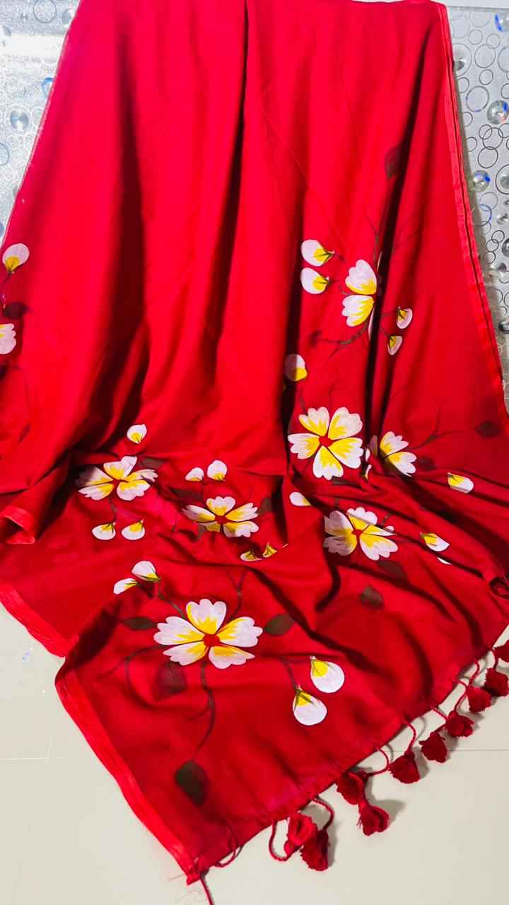 Scarlet Blossom Premium Mull Cotton Handprint Saree-3
