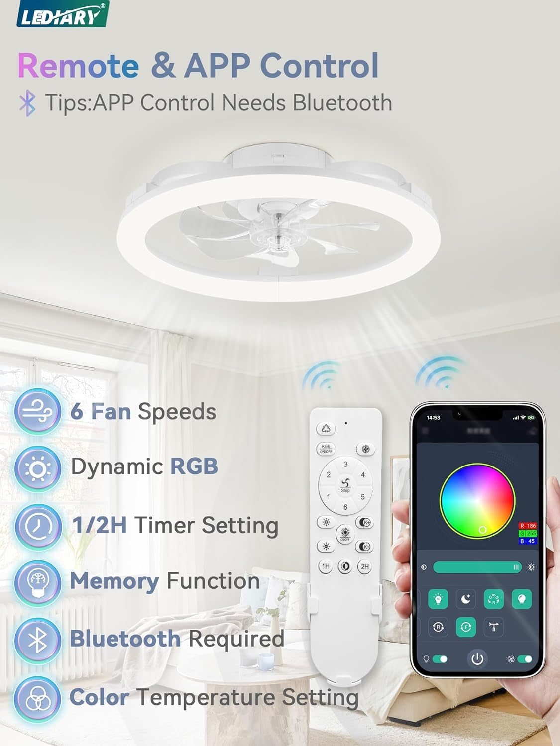 20 Inch RGB Flush Mounted Ceiling Fan Illumination LED