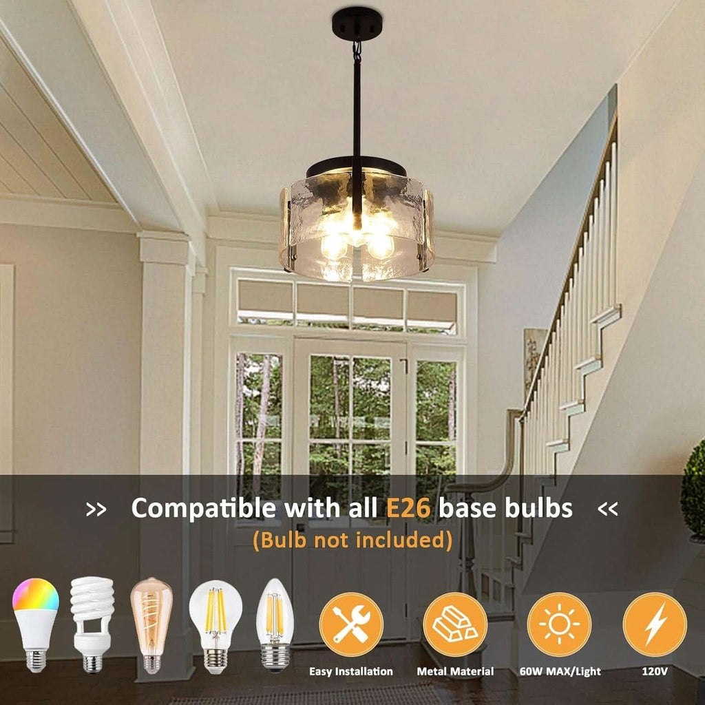 Lampadario Nero Regolabile Farmhouse Per Sala Da Pranzo Con Vetro Martellato