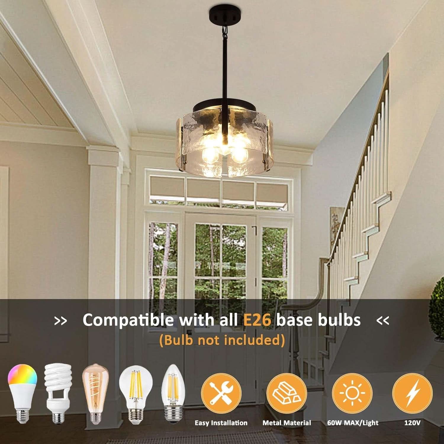 Lampadario Nero Regolabile Farmhouse Per Sala Da Pranzo Con Vetro Martellato