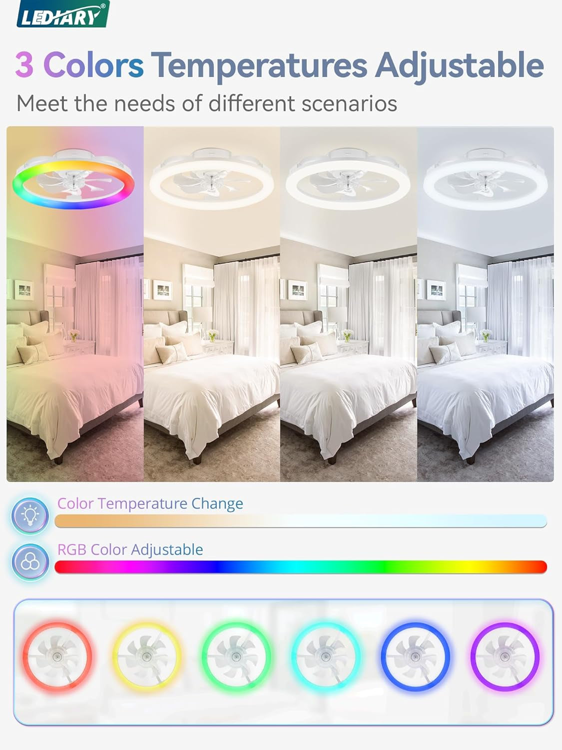 20 Inch RGB Flush Mounted Ceiling Fan Illumination LED