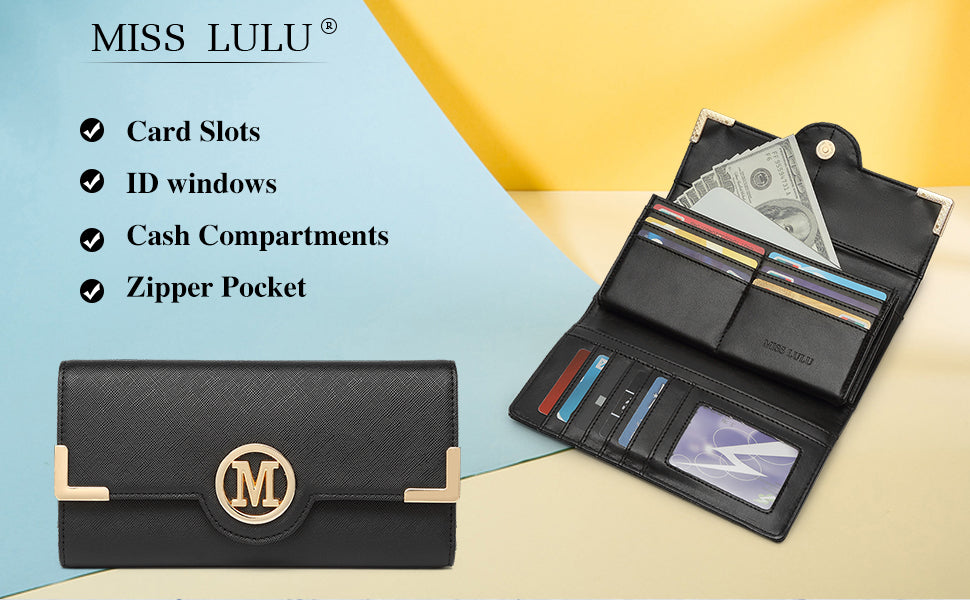 Portafoglio lungo da donna Miss Lulu con cerniera custodia per telefono con porta chiavi a ventaglio in pelle PU