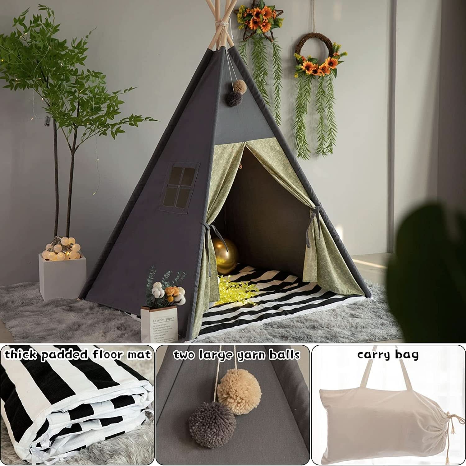 Casa Teepee Grigia Con Materasso Imbottito Per Bambini