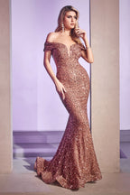 Abito Da Sera Sirena Paillettes Scollo Profondo Spalle Scoperte