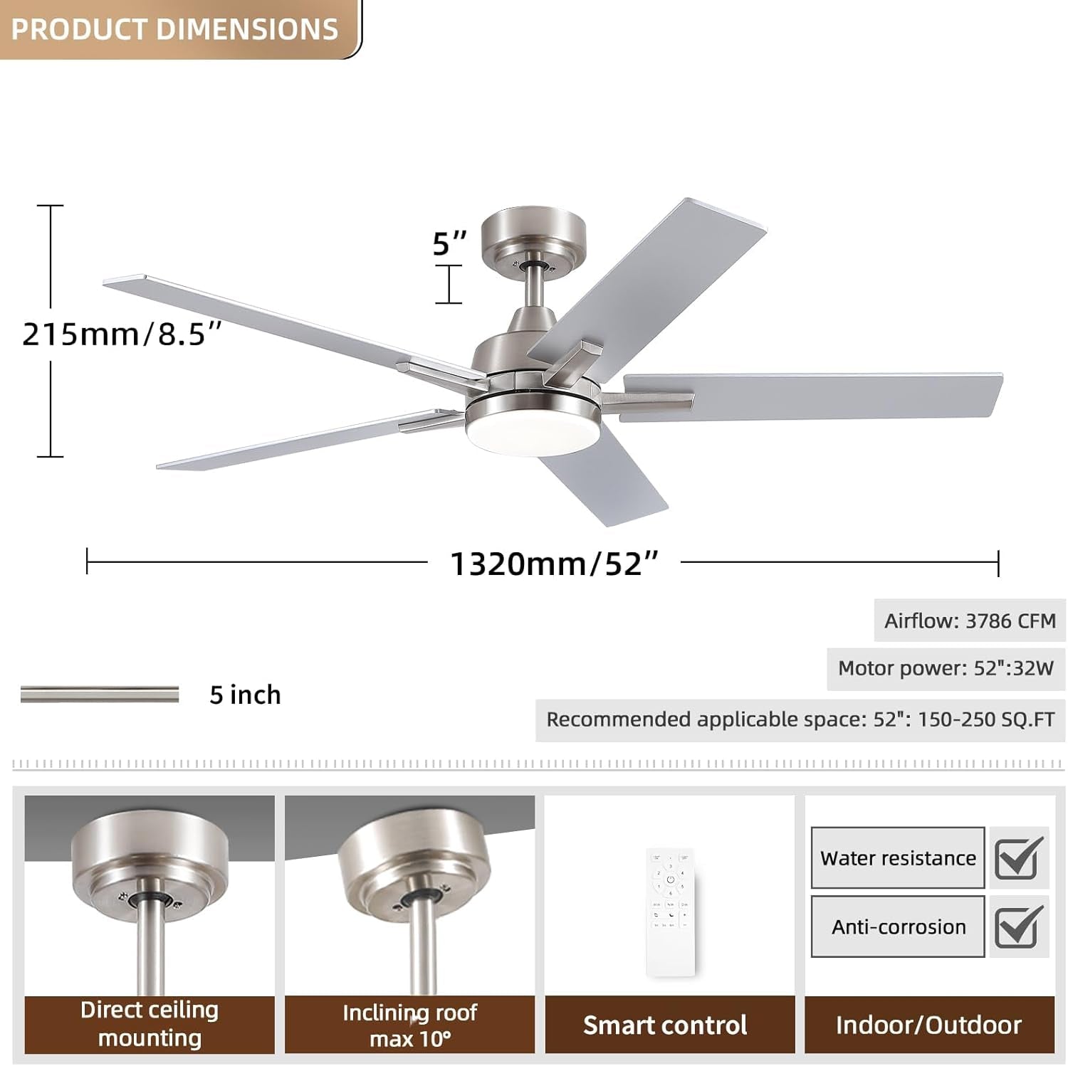 52Inch Brushed Nickel Ceiling Fan With Integrated LED Illumination