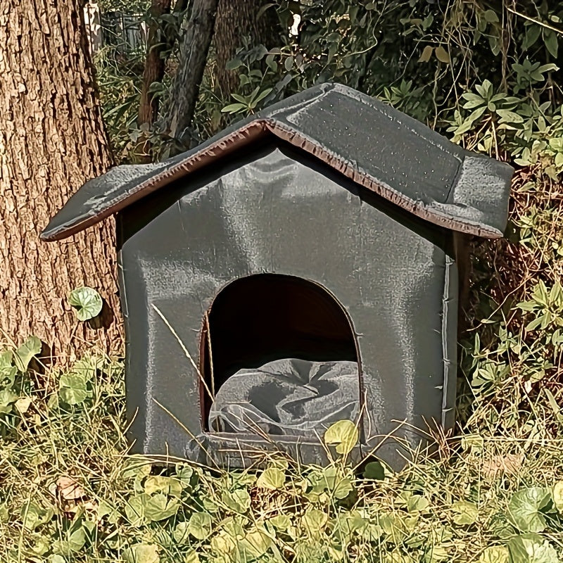 Cuccia Impermeabile da Esterno Per Gatto in Stile Lodge Nera 45x40x45 Cm