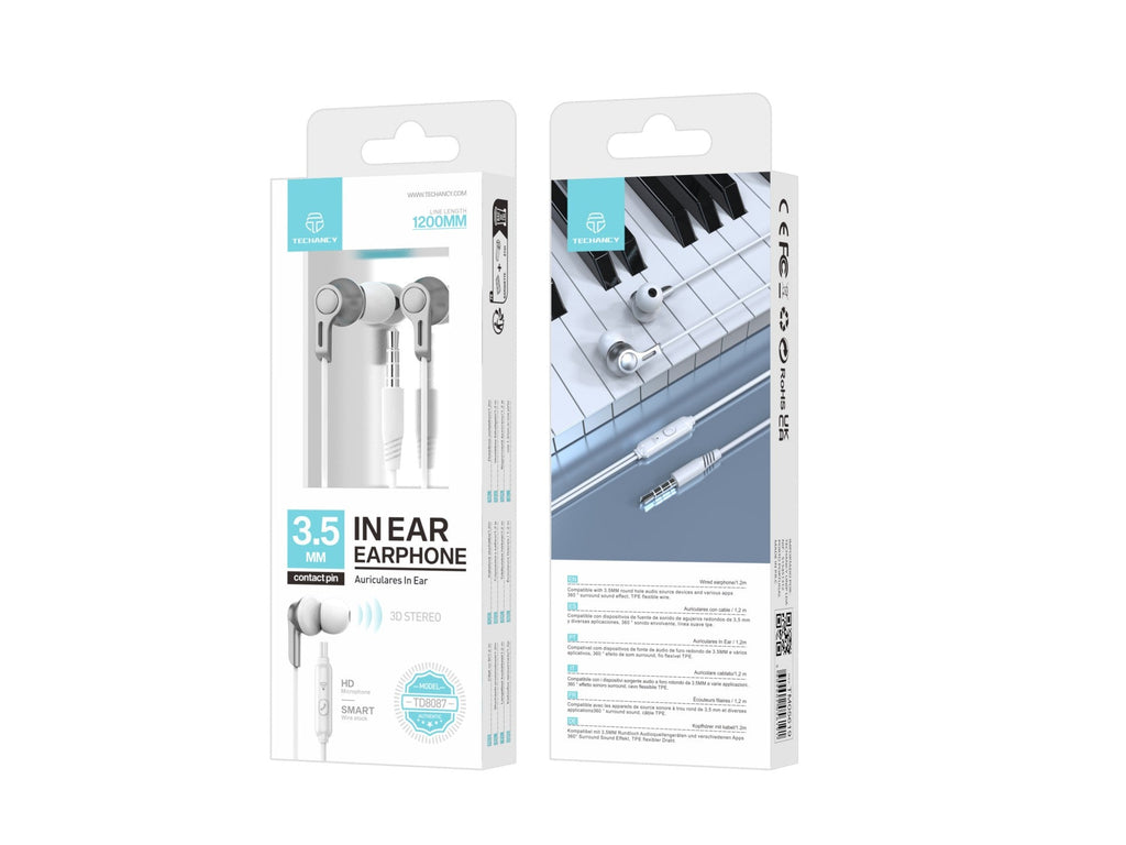 Techancy Auricolari In-Ear 3,5 Mm Bianco Cavo 1,2 m TD8087 Suono Surround Premium