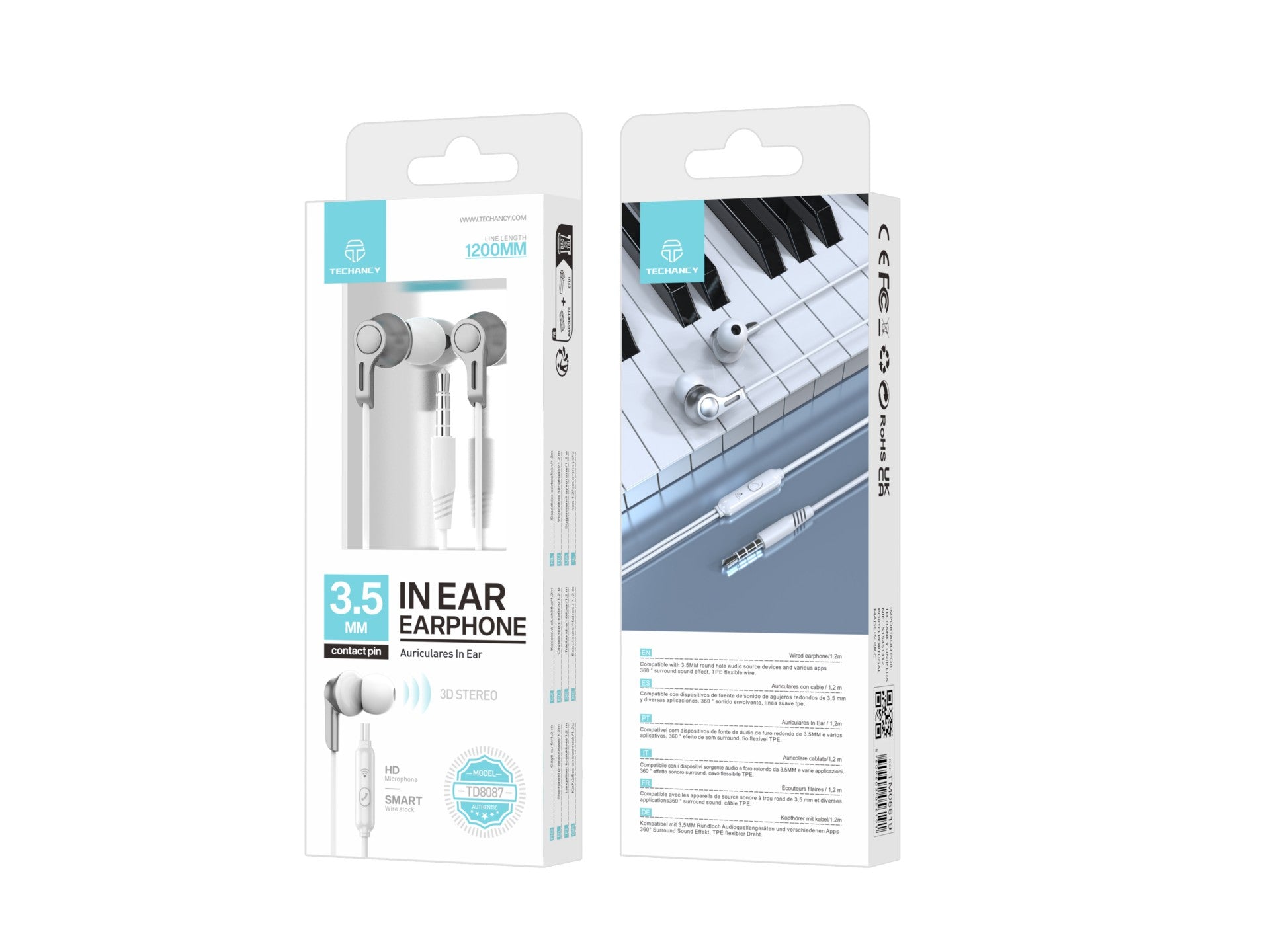 Techancy Auricolari In-Ear 3,5 Mm Bianco Cavo 1,2 m TD8087 Suono Surround Premium