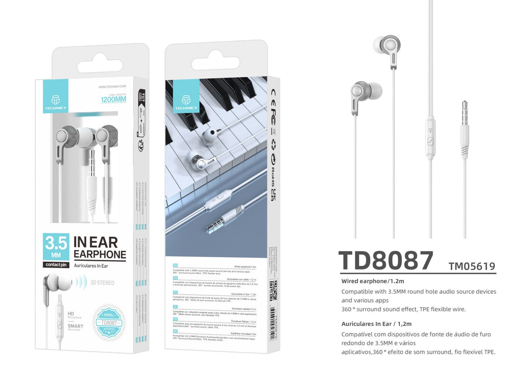 Techancy Auricolari In-Ear 3,5 Mm Bianco Cavo 1,2 m TD8087 Suono Surround Premium