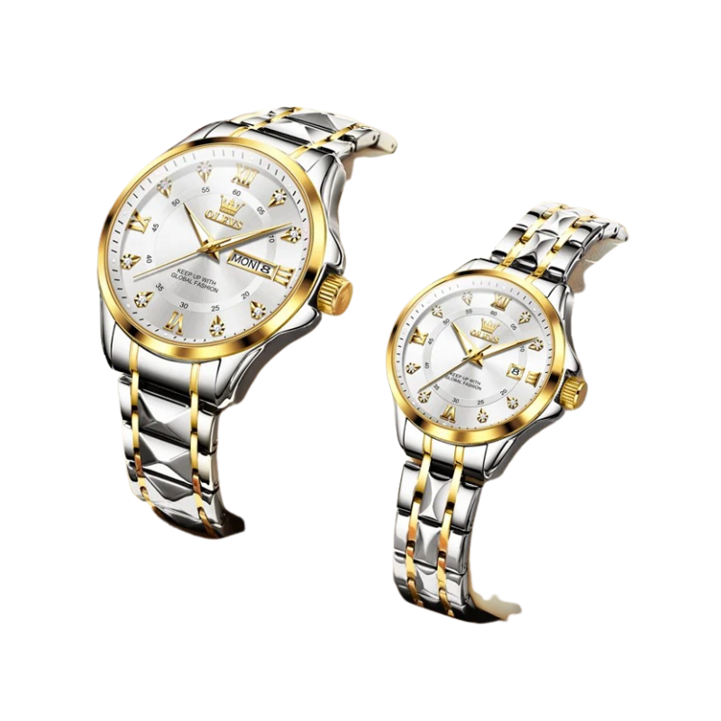 Quartz Couple Watch Stainless Steel Waterproof Pair (Gold White )-0