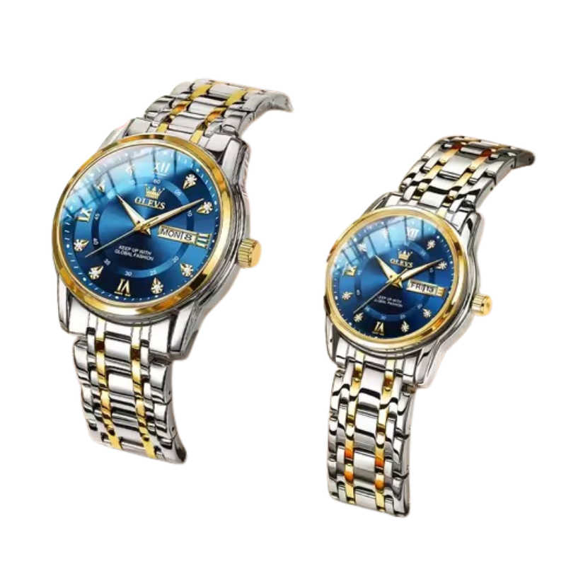 Quartz Couple Watch Stainless Steel Waterproof Pair (Gold Blue)-0